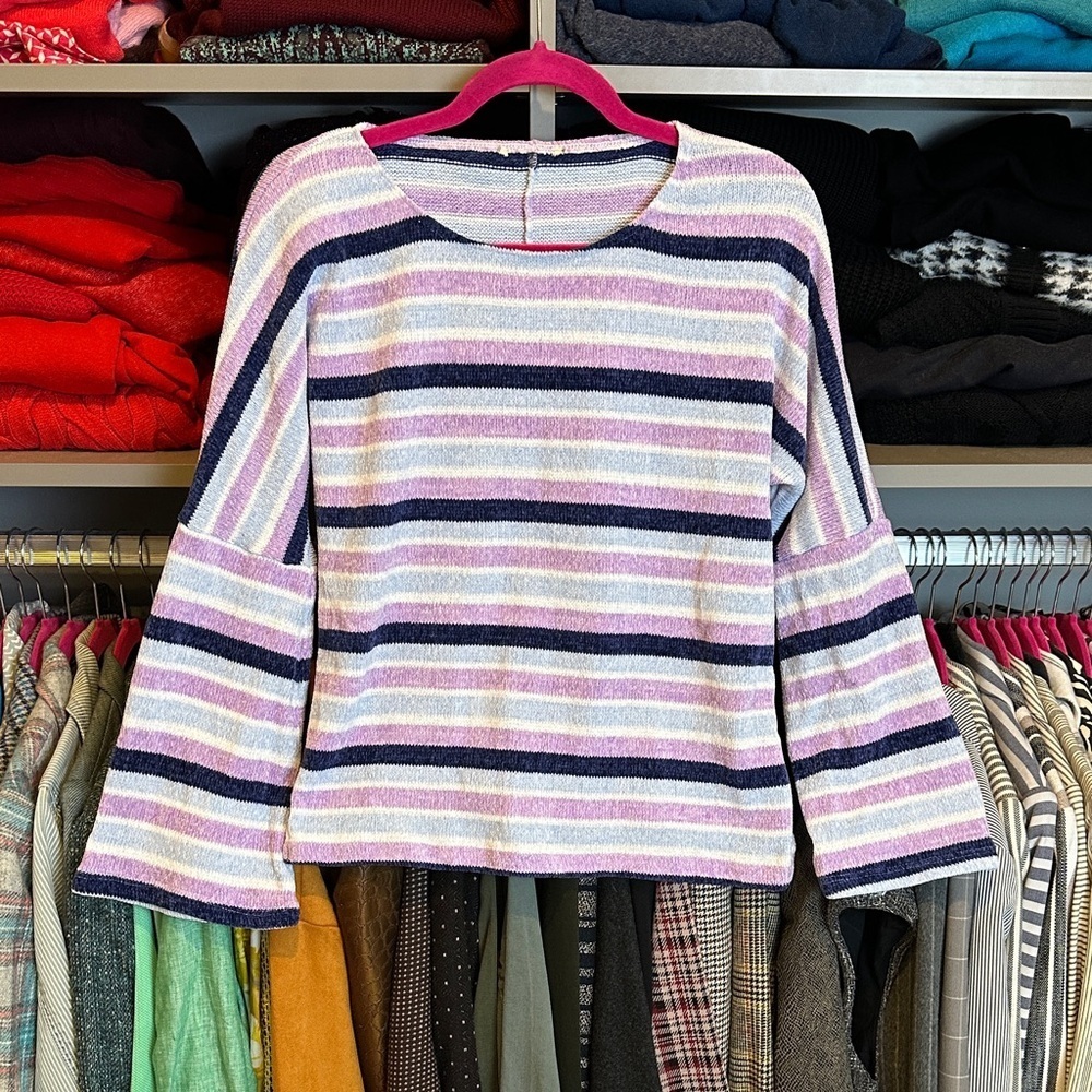 Unbranded purple/navy/white striped long bell sleeve chenille sweater size S